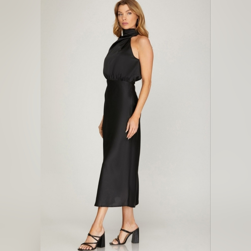 Satin black women midi dress